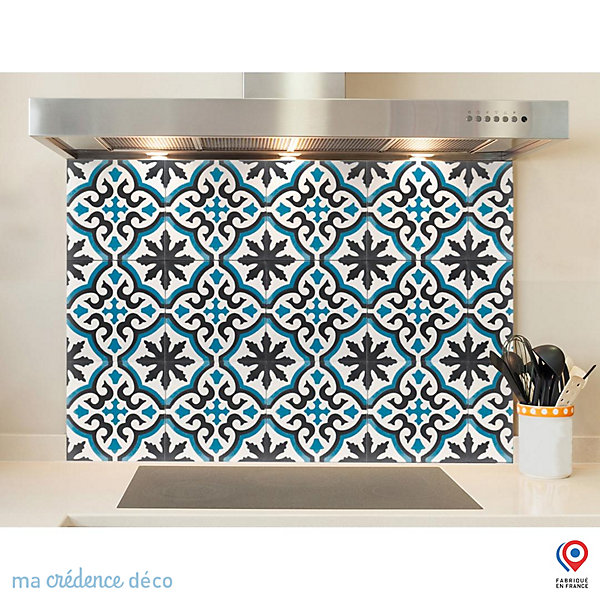 Crédence cuisine fond de hotte Carrelage classique bleu - Verre trempé - L 90 cm x H 50 cm - MaCrédenceDéco