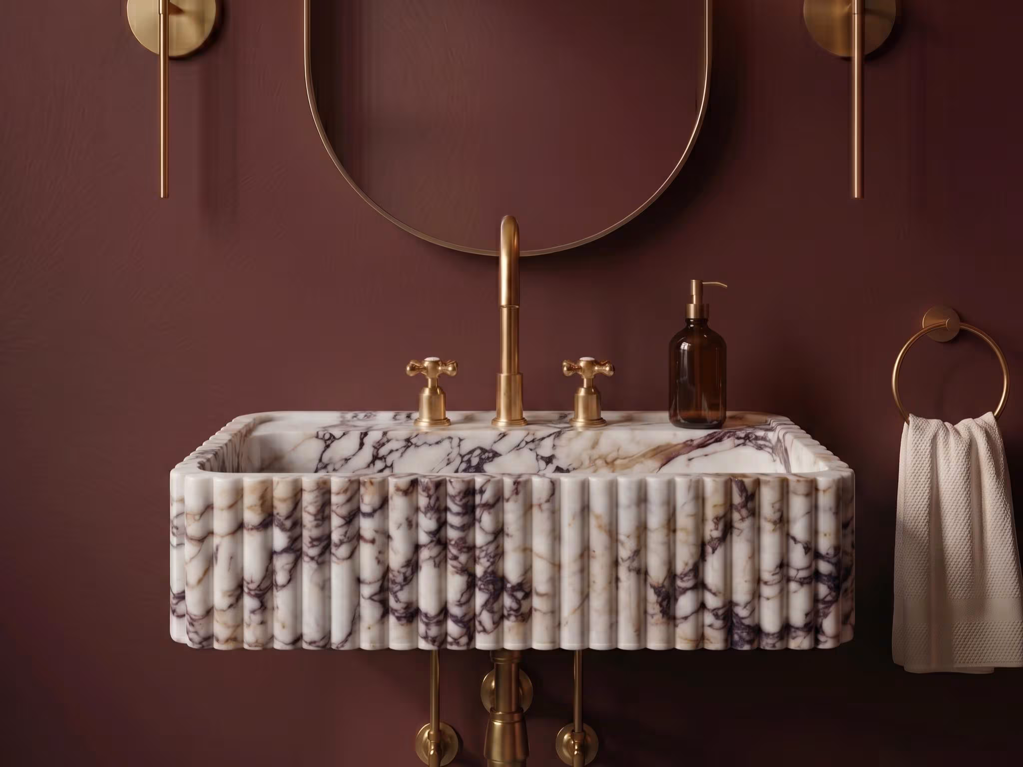 Fluted Calacatta Viola Marble Sink | Hand Carved Wall Mount Basin | Modern Powder Room Vanity | Natural Stone Washbasin