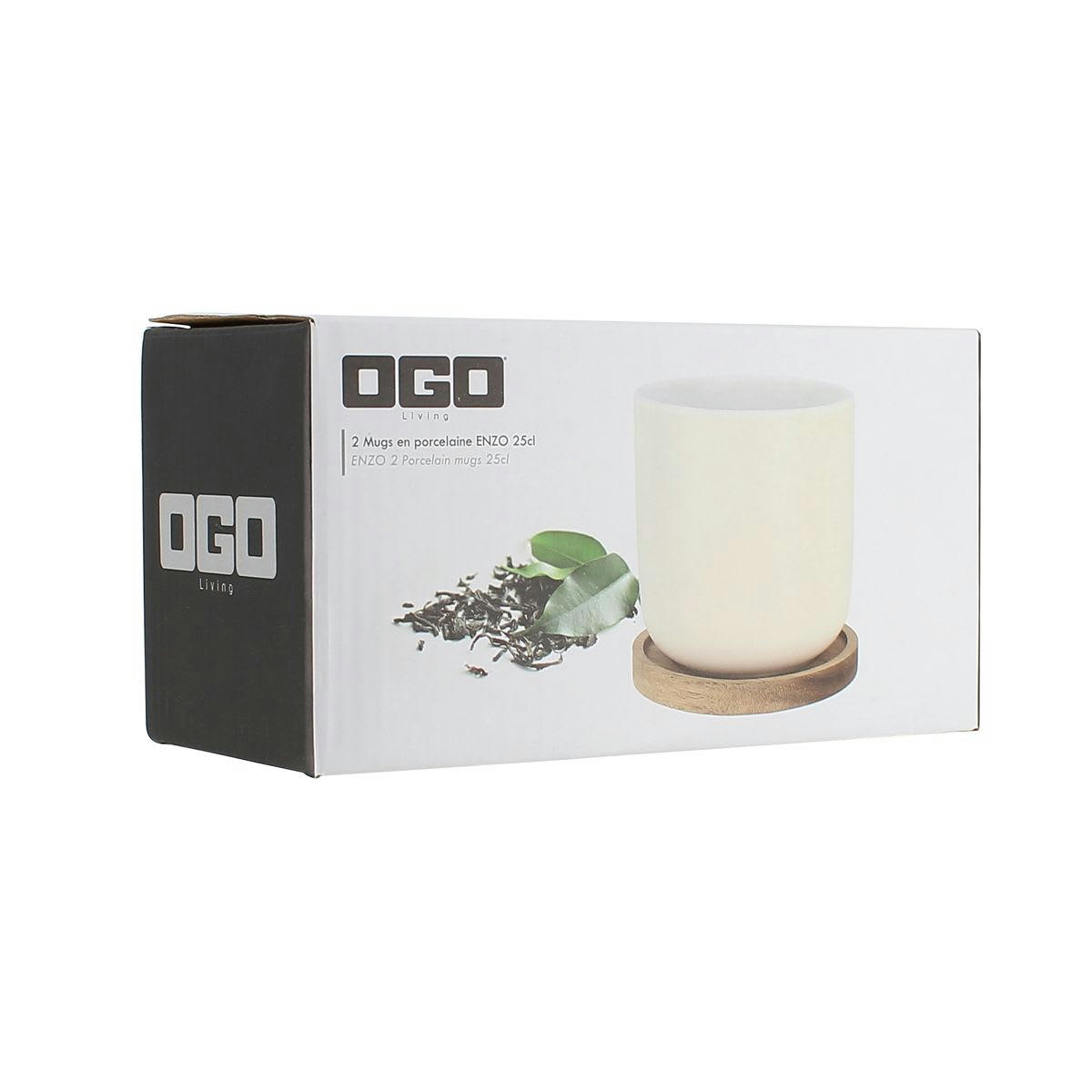 ENZO - Set de 2 tasses en porcelaine avec support en bois 25cl