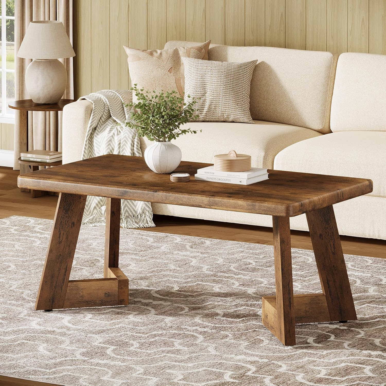 Tribesigns Coffee Table, Farmhouse Center Table with V-Shaped Legs, 47.2 x 23.6 Inches Rectangle Living Room Tables, Easy to Assemble, Rustic Brown