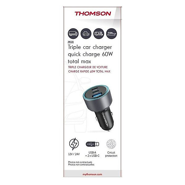 Chargeur voiture THOMSON 60W 2x USB-C PD30W 1x USB-A QC3.0 GaN noir compact