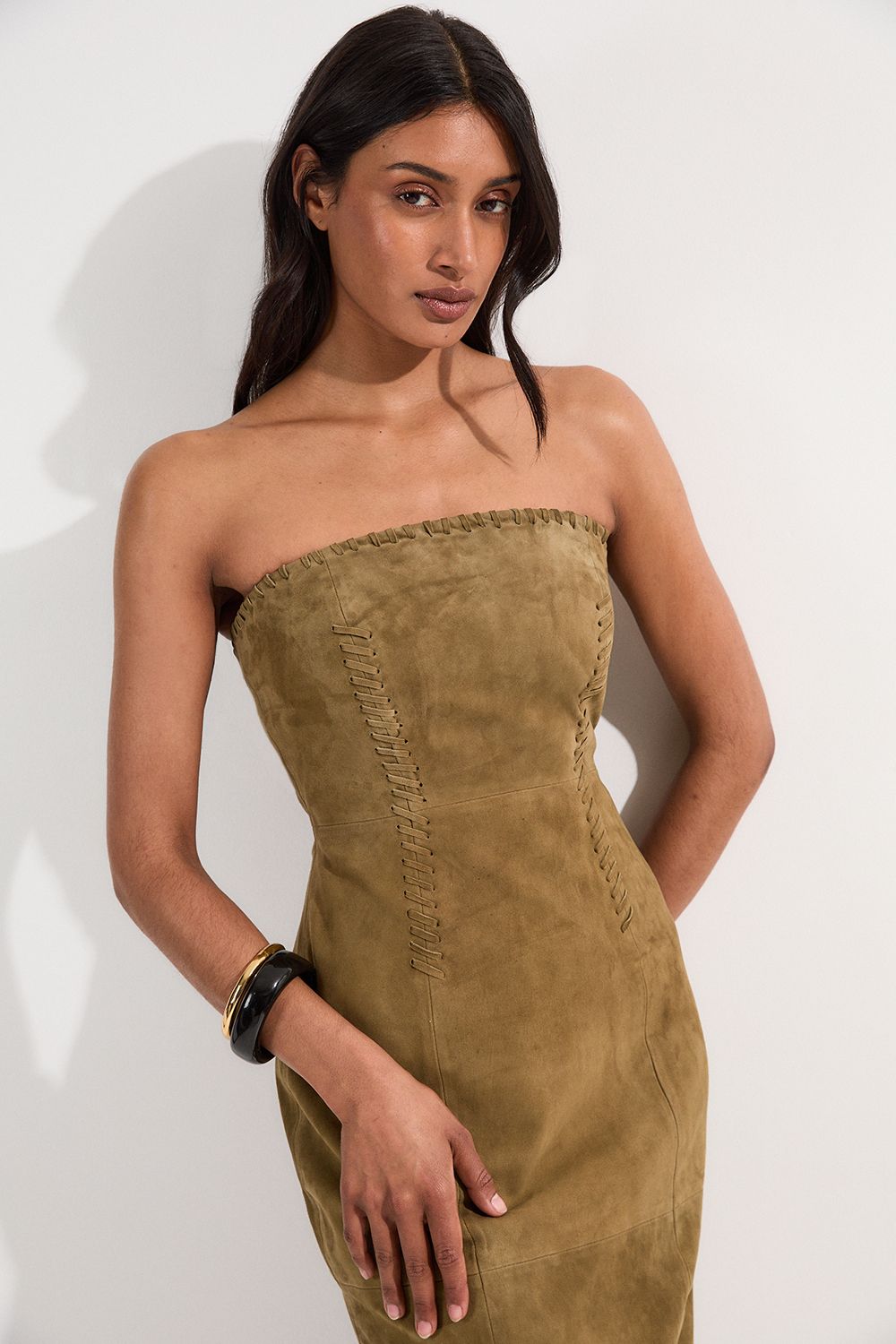 KarenMillen Suede Whipstitch Detail Bandeau Midi Dress