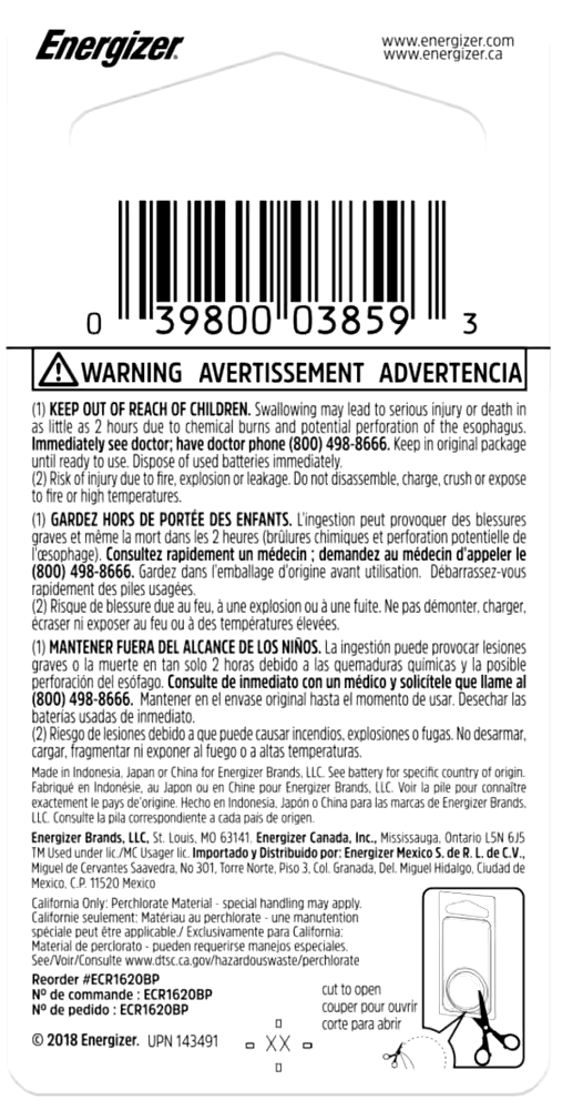 Energizer 1-pk CR1620 3V / 3 Volt Lithium Coin Cell Battery