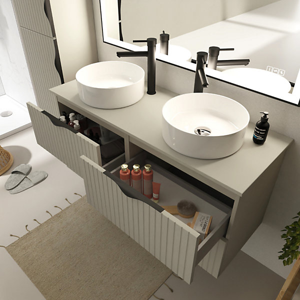 Meuble salle de bain strié 120 cm pour vasque à poser - Beige cachemire mat - à suspendre - Tirso