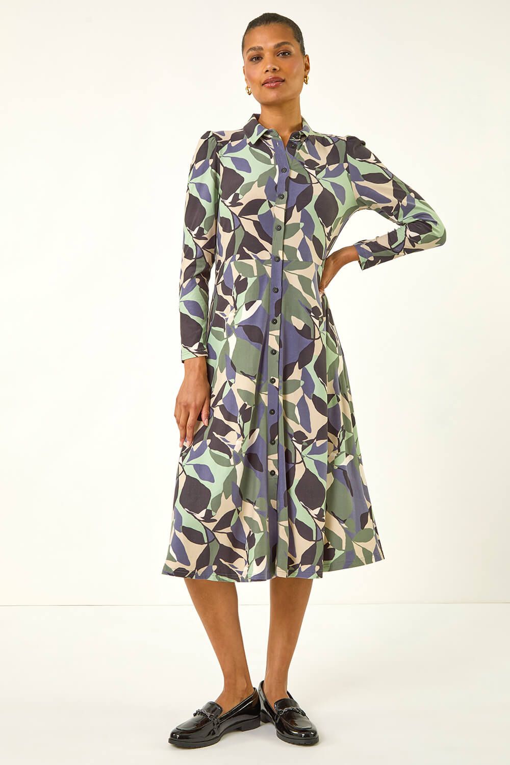 Roman Abstract Leaf Print Shirt Dress