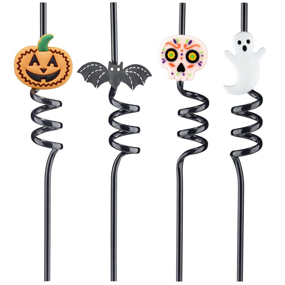 Paille réutilisable Halloween x4 spirale plastique noir L24cm