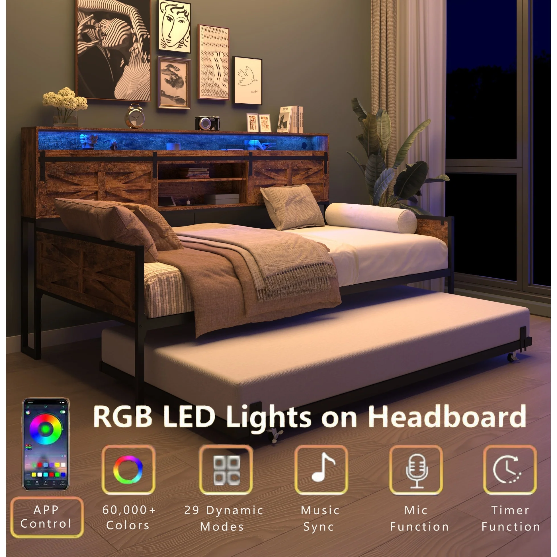 Twin Daybed with Trundle, Farmhouse Daybed Frame with Sliding Barn Door Headboard and Charging Station & LED Light