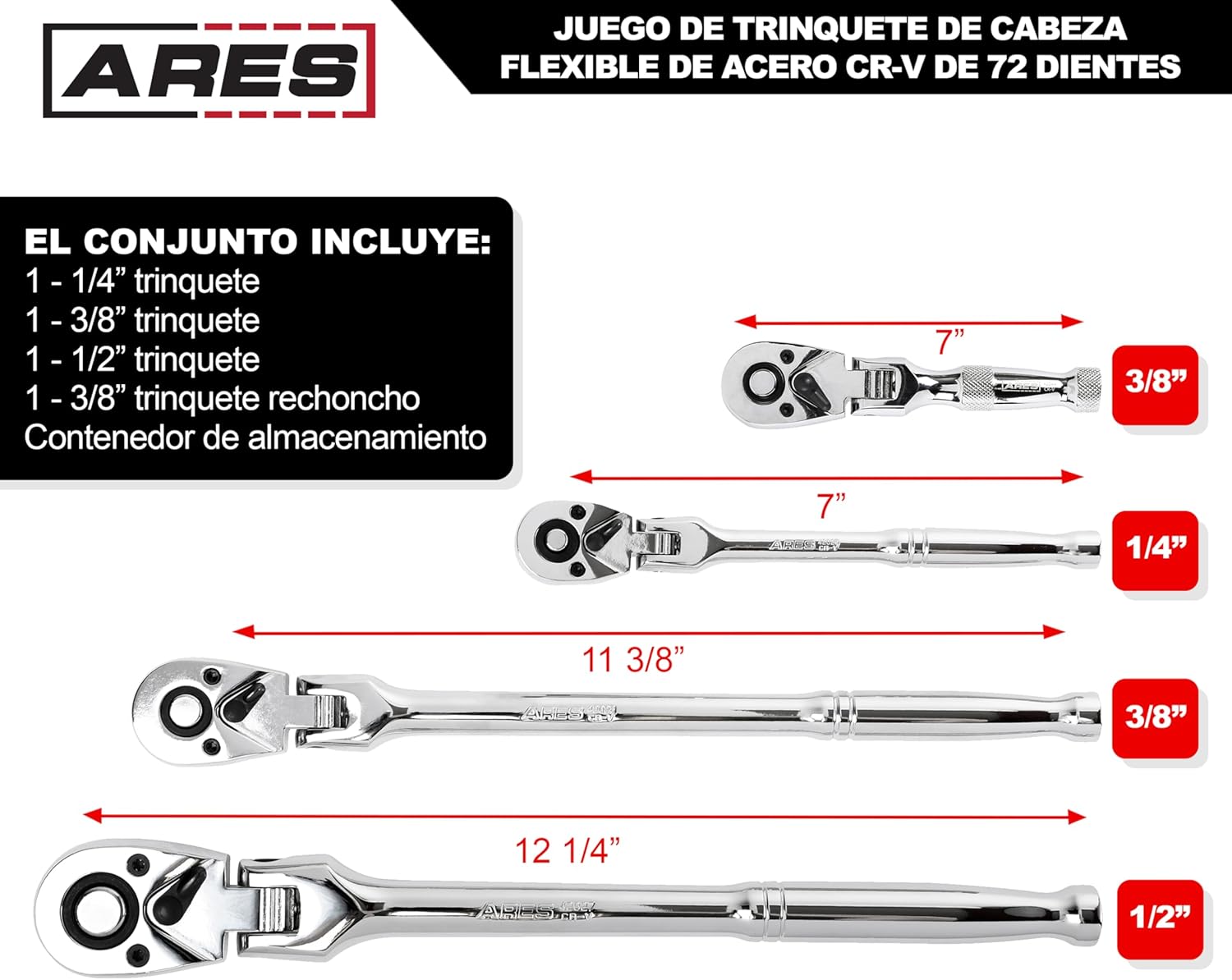 ARES 42040 - Flex Head Ratchet Set - 4-Piece 72-Tooth Ratchets - Premium Chrome Vanadium Steel Construction & Chrome Plated Finish - Quick Release Reversible Design with 5 Degree Swing