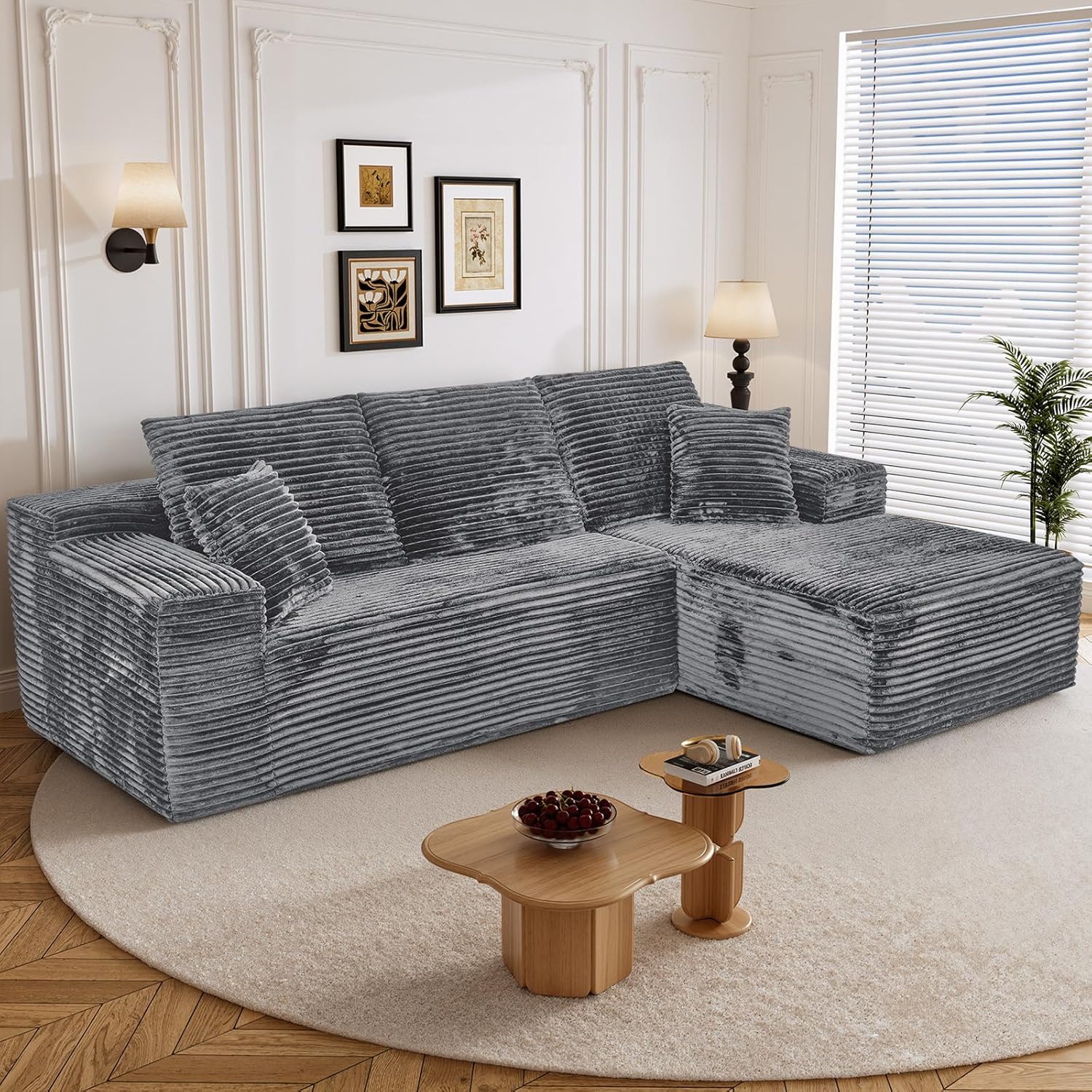 108 L Shaped Boneless Sectional Couches for Living Room, Comfy Corduroy Floor Cloud Sofa with Chaise, Wide Armrest, Deep Seat, Memory Foam, Assembly Free, Ideal for Small Spaces, Grey