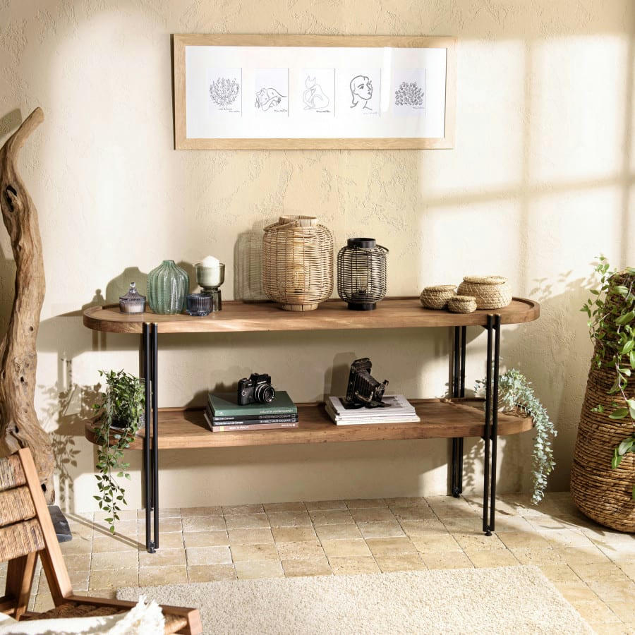 ALIDA - Console double plateau arrondi en bois de teck recyclé