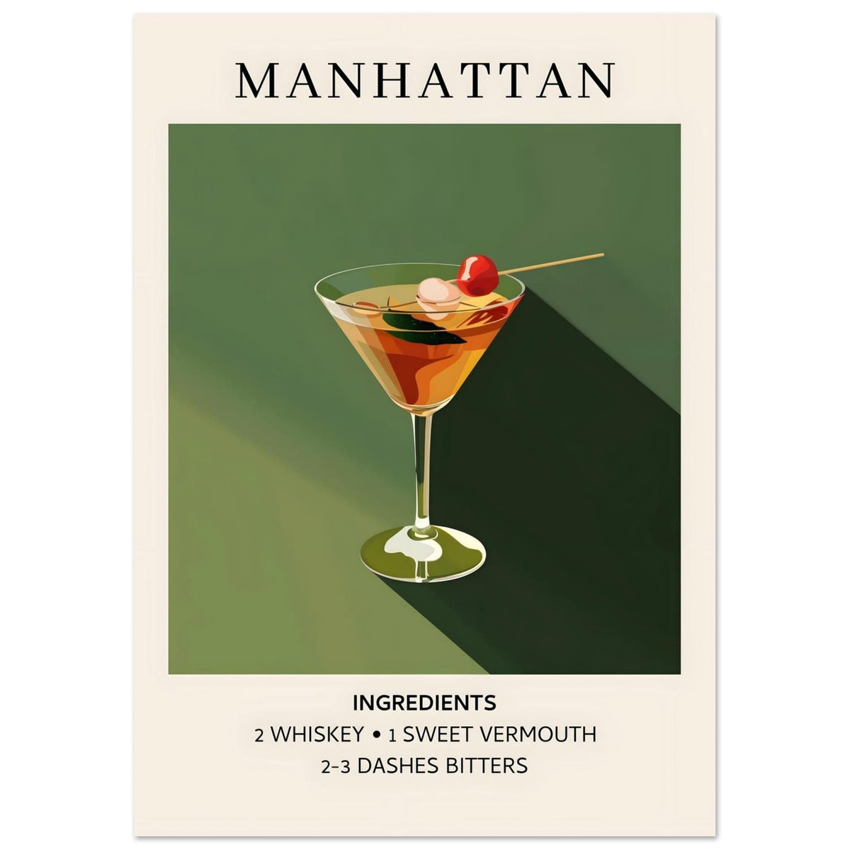 Artfulprints Poster Manhattan cocktail - Ingrediënten  - A4 21x29.7 cm - Groen