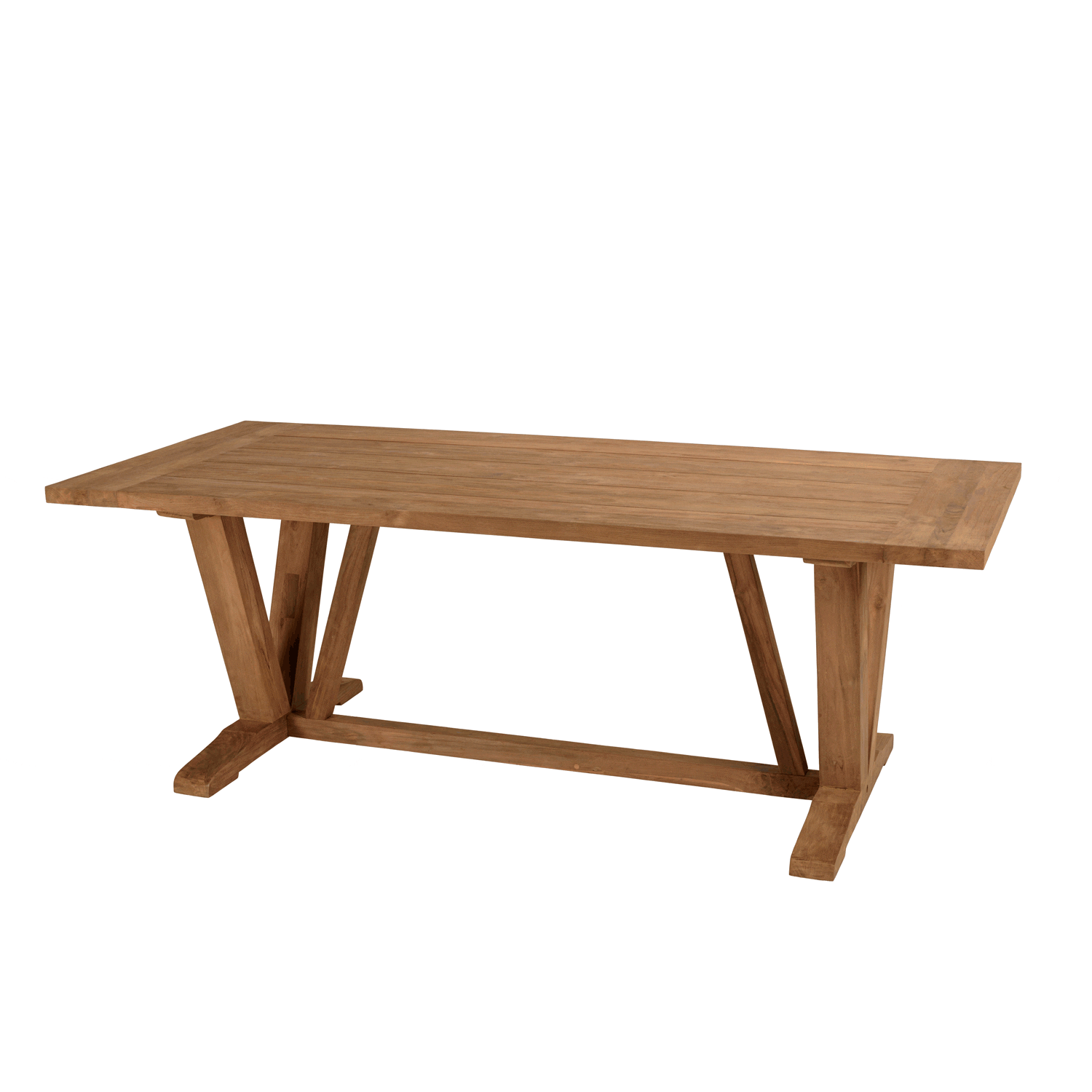 Salon de jardin teck naturel 1 table pieds en V 220 cm   6 chaises résine tressée MANY