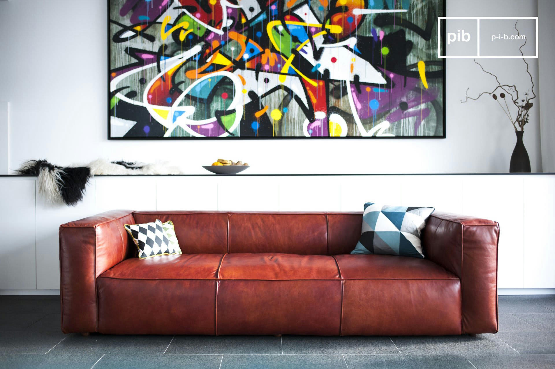 KRIEGER - Canapé vintage 3 places en cuir rouge