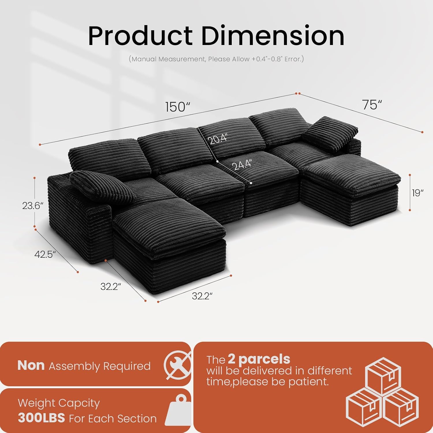 KKL 150 U Shaped Sectional Modular Boneless Sofa, 6 Seater Cloud Couch with Ottoman, Corduroy Sectional Couches for Living Room Bedroom, Black