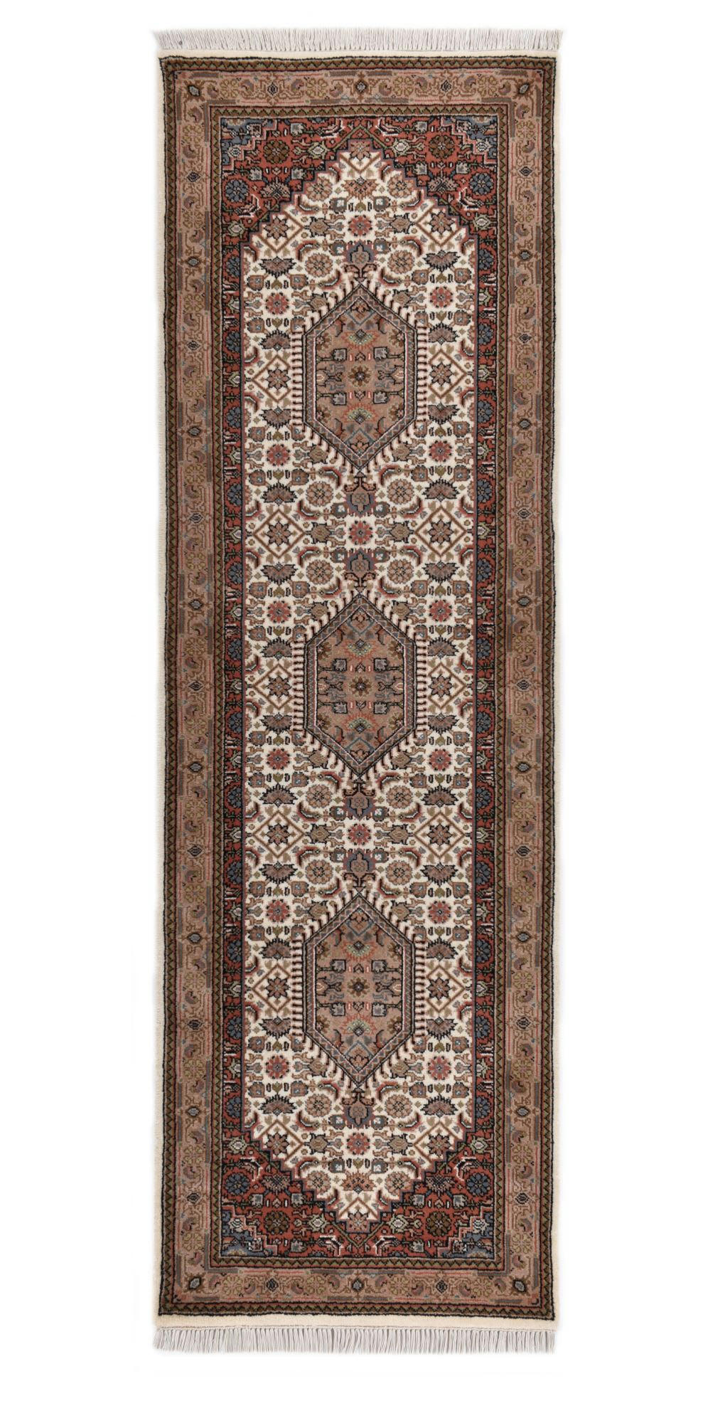 BENARES - Tapis d'orient classique noué main en laine marron crème 080x400 cm