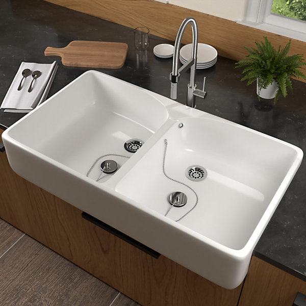 Evier 2 bacs blanc VILEROY ET BOCH O Novo 220 x 895 x 550 mm avec trop-plein