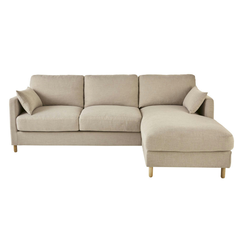 Julian - Canapé d'angle droit convertible 5 places beige, matelas 14 cm
