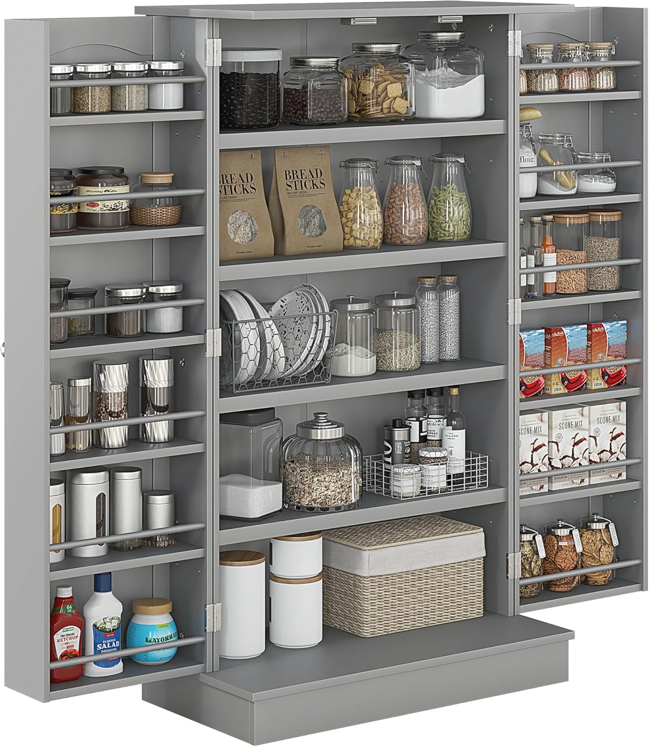 HOMCOM 41 Kitchen Pantry Storage Cabinet, Freestanding Kitchen Cabinet with 12 Door Shelves, Double Doors, 5-Tier Shelving and Adjustable Shelves, Gray