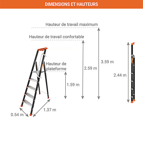 Escabeau pro 7 marches avec rampe - Hauteur max. de travail 3.59m - 2375817-MC
