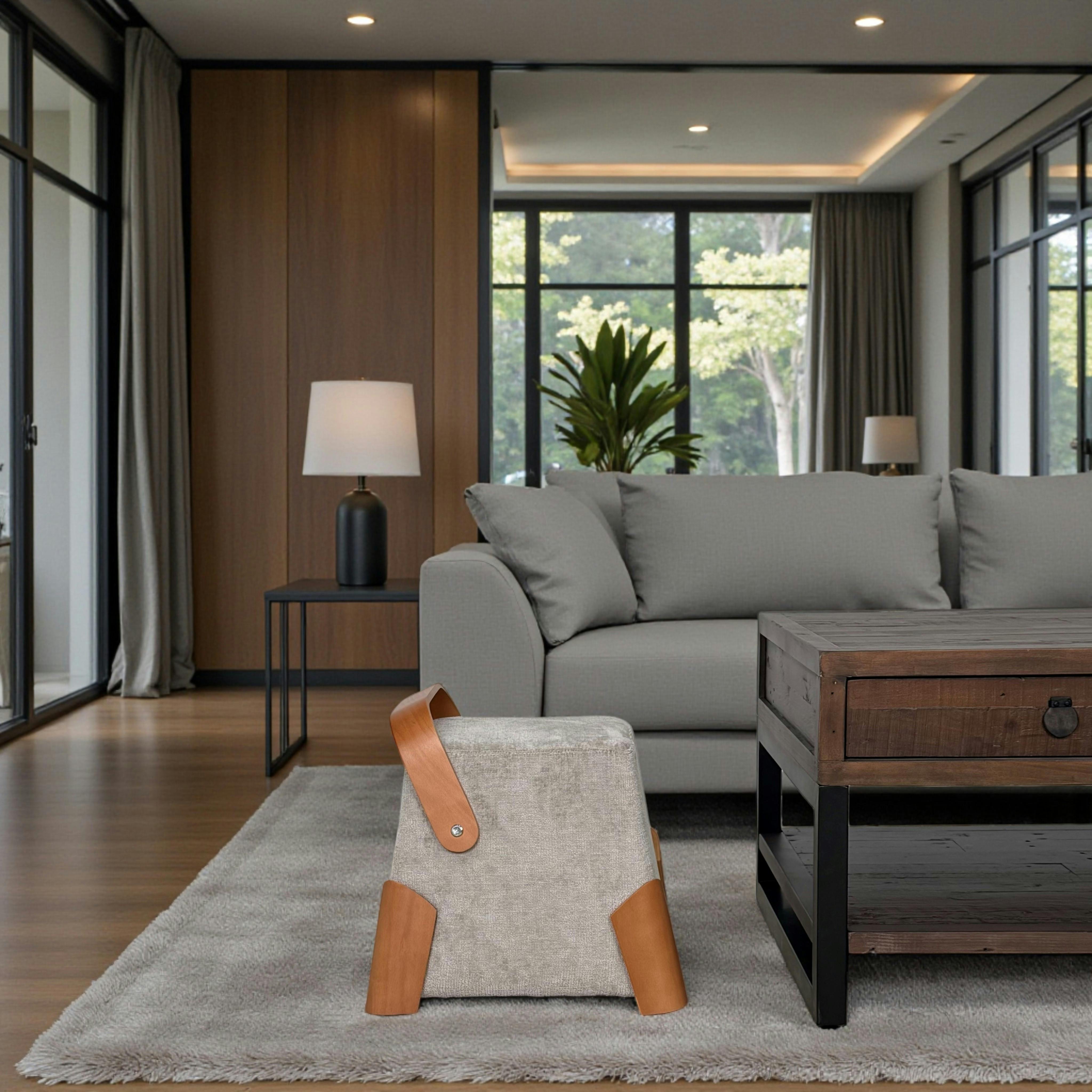 Pouf design cendre avec poignée en bois IENA