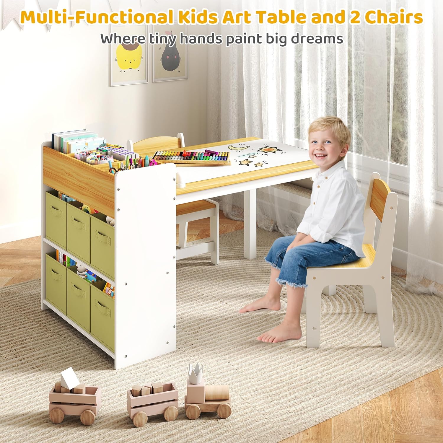DOREROOM Kids Art Table and Chair Set, Craft and Play Wood Activity Table with Storage Bins and Paper Roll, Toddler Desk for Playroom/Nursery/Home, Kids Table and Chairs Set for Drawing/Learning/Read