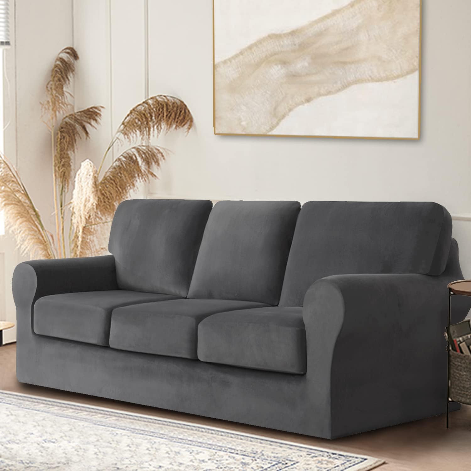 7 Pieces Velvet High Stretch Sofa Covers for 3 Cushion Couch Sofa Slipcovers, Washable Furniture Protector with Drawstring Anti-Slip Bottom, Soft and Plush Fabric for Kids and Pet (Dark Gray)