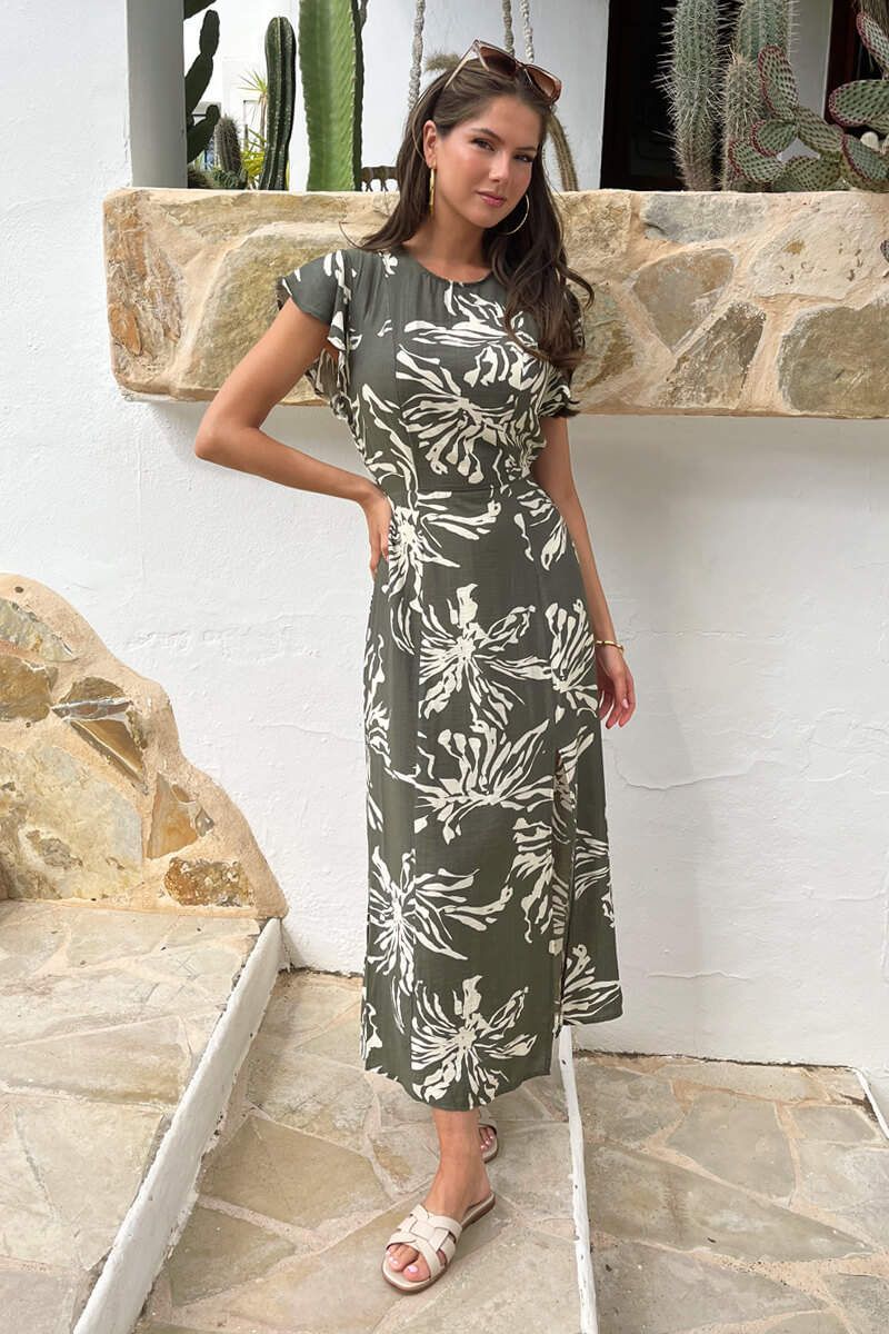 AX Paris Khaki Abstract Floral Print Flutter Sleeve Midi Dress