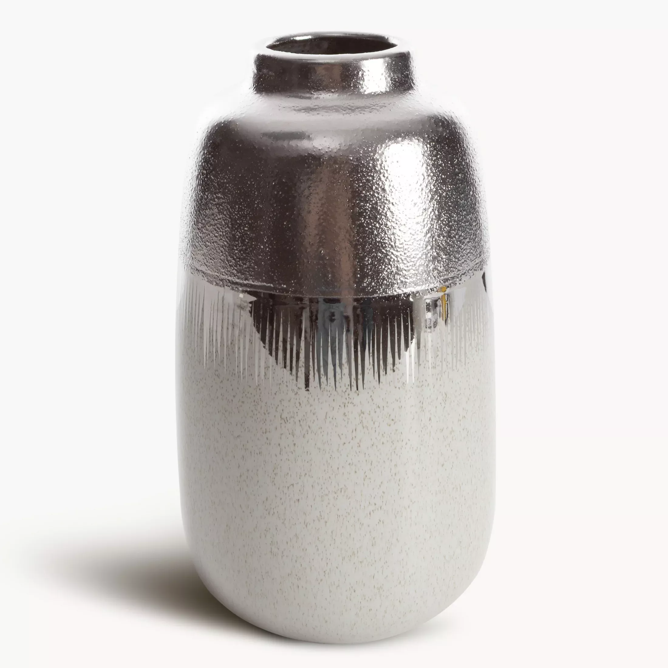 Wazon ceramiczny kremowo-srebrny łączący fakturę granitu z lśniącą powierzchnią 16x16x28 cm MAX 2