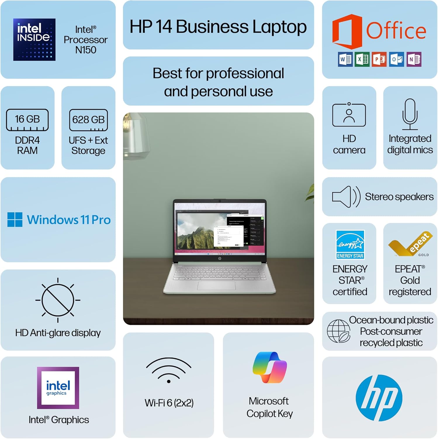 HP 14 Laptop Computer 2025-2026 Business Student  Copilot AI  Lifetime Office  4-Core Intel CPU  16GB RAM  628GB Storage (128GB UFS+500GB Ext)  Wi-Fi 6  10+ Hrs  MarxsolAccessory  Win 11 Pro  Green