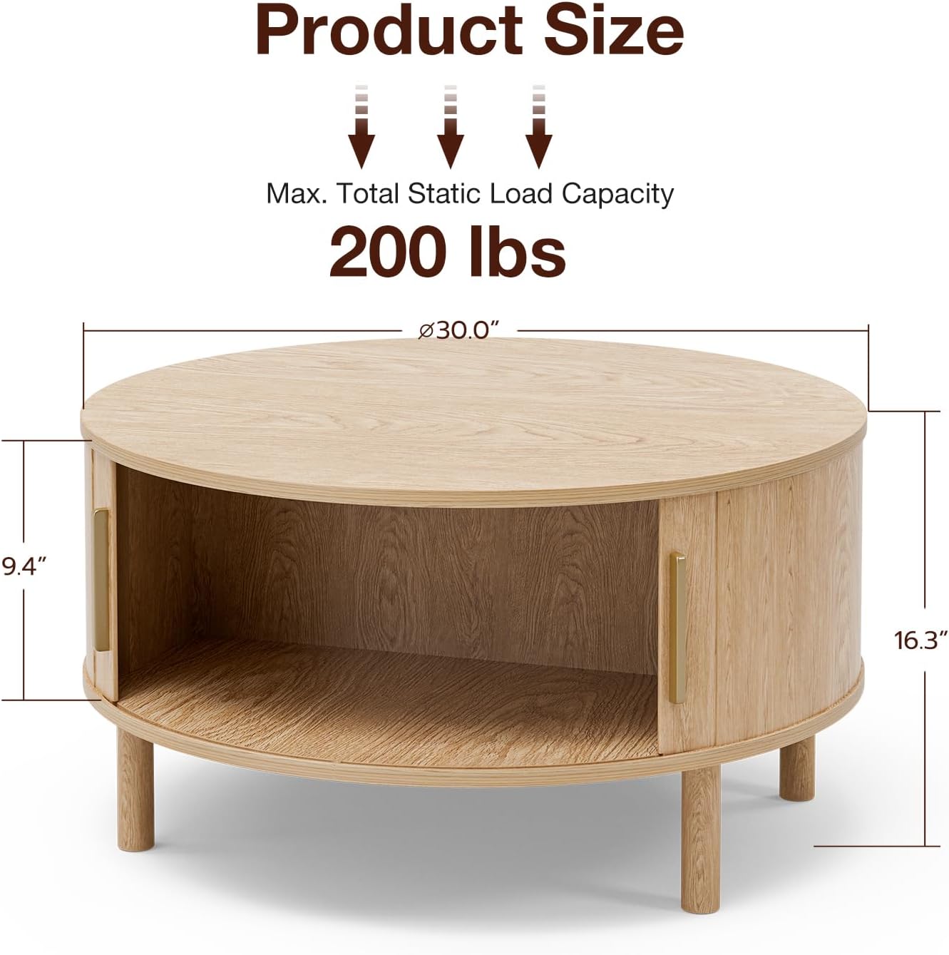 ZttRiee Coffee Table for Living Room, Modern Round Coffee Table with Cabinets & Sliding Doors, Home Small Space, 29.9 Fluted Center Table, Natual