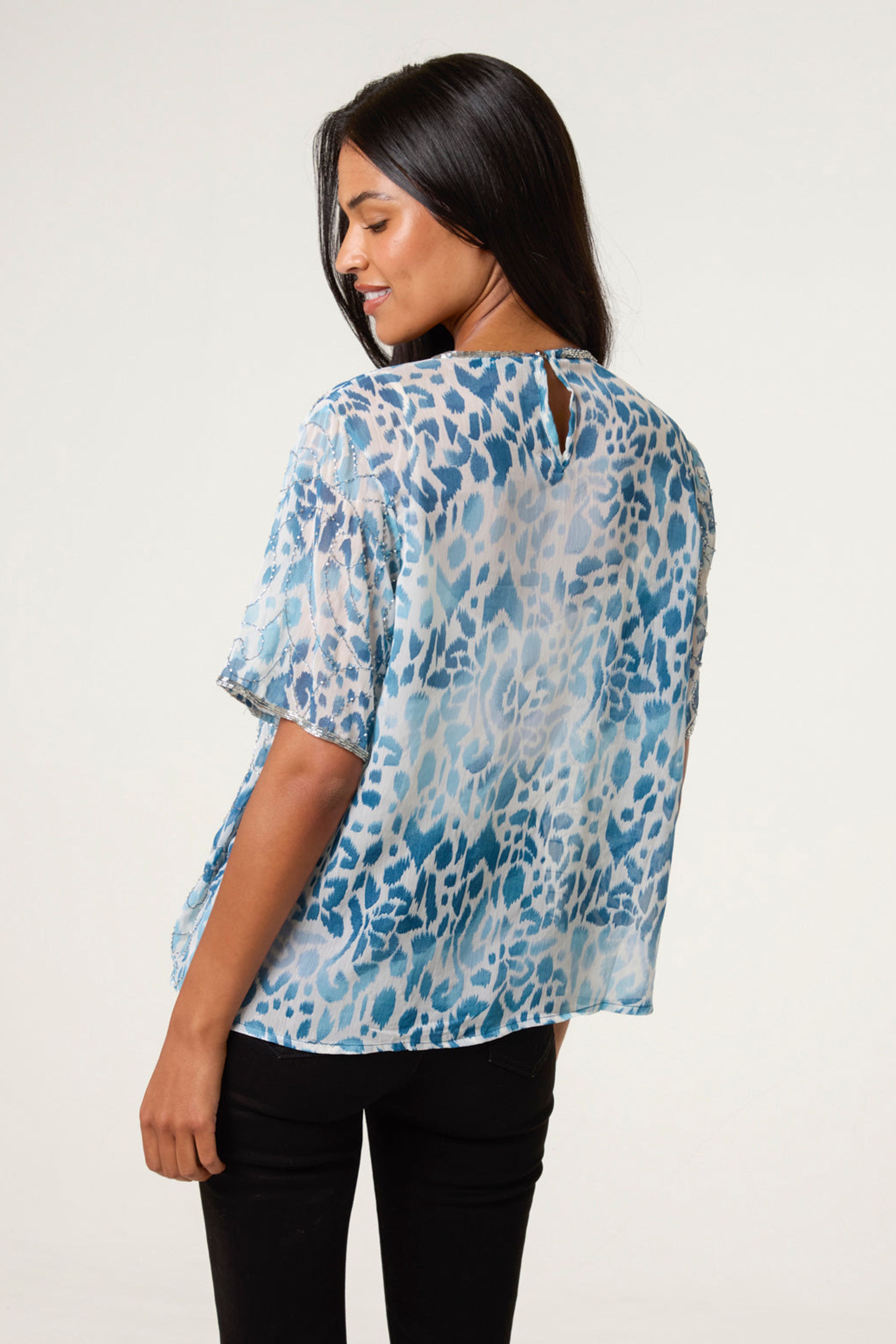 Blue Vanilla Pale Green Embellished Chiffon Top