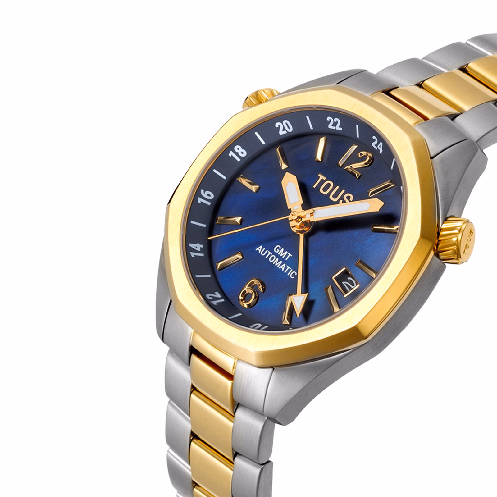 Reloj gmt automático con esfera de nácar azul y brazalete de acero bicolor Tous Now