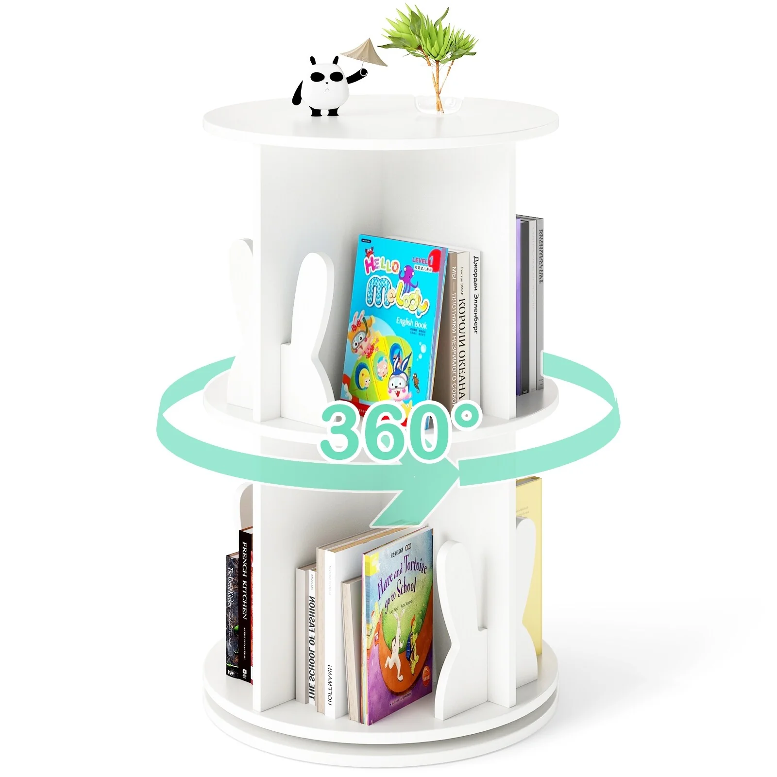 MDF Kids Rotating Bookshelf 8 Compartments 360-degree Swivel with Bunny Baffles - 16 L x 16” W x 25.5 H