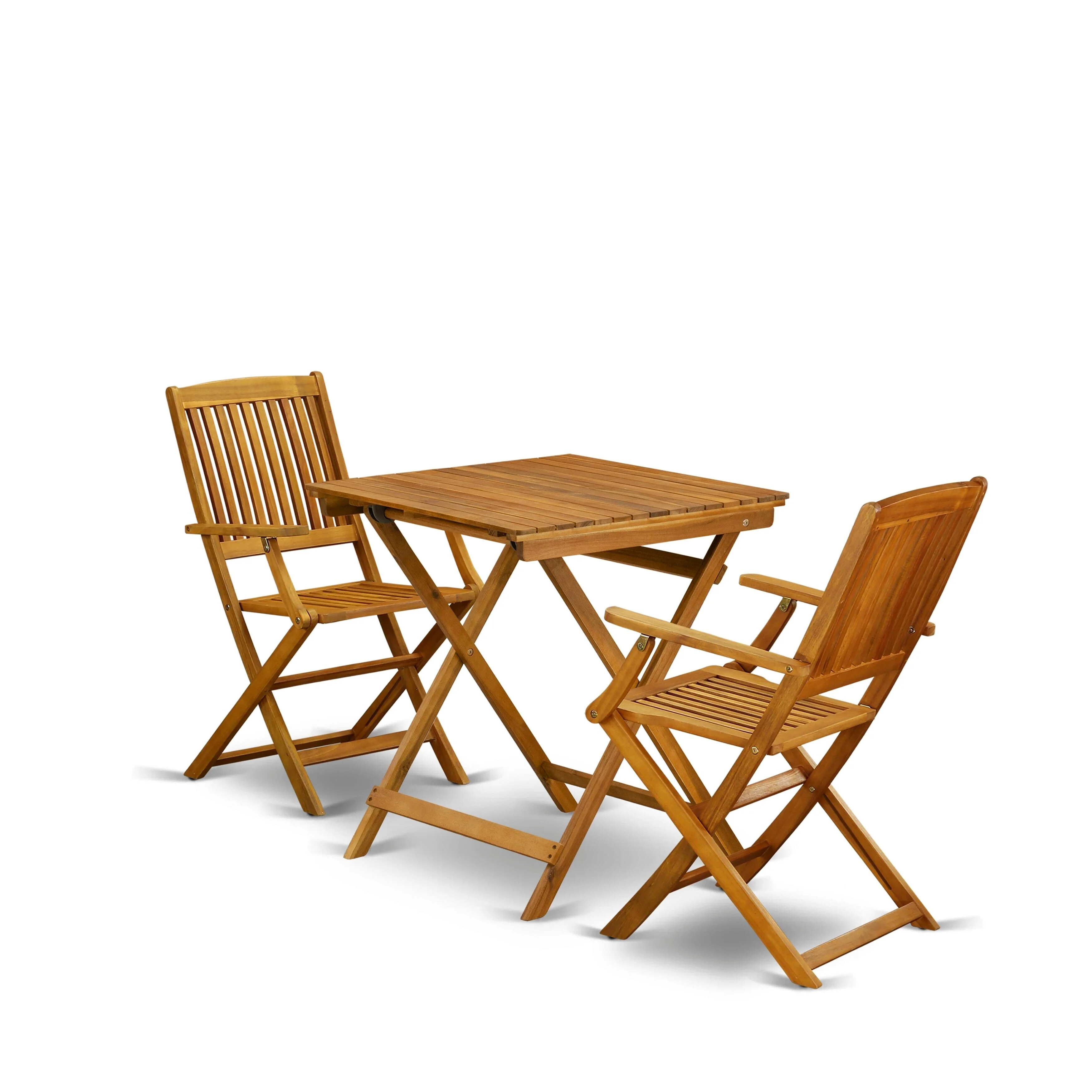 East West Furniture 3 Piece Wood Folding Table Set- a Outdoor Acacia Wood Coffee Table and 2 Folding Arm Chairs, Natural Oil
