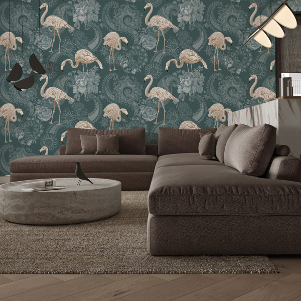 Tapeta W Stylu Retro FLAMINGI Zwierzęta Natura