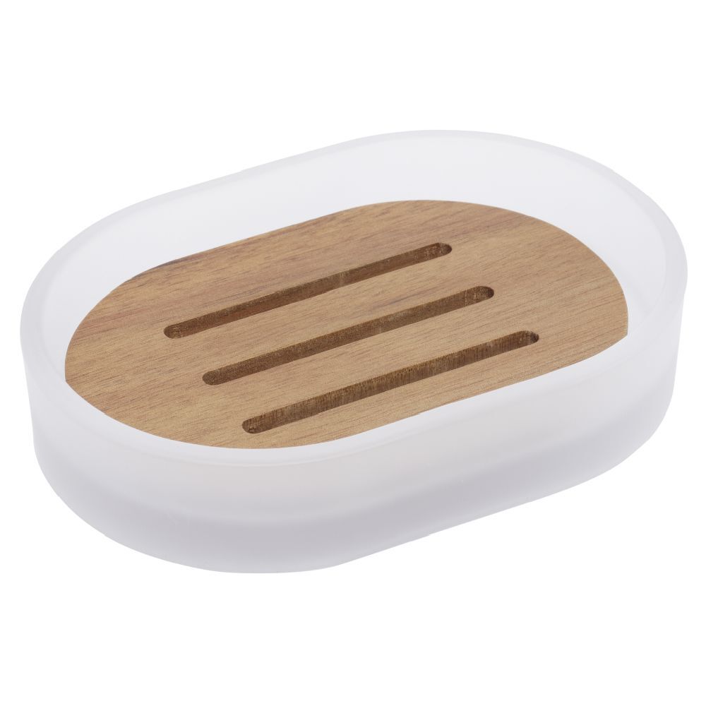 Porte-savon blanc en verre et bois 14x10xH3cm