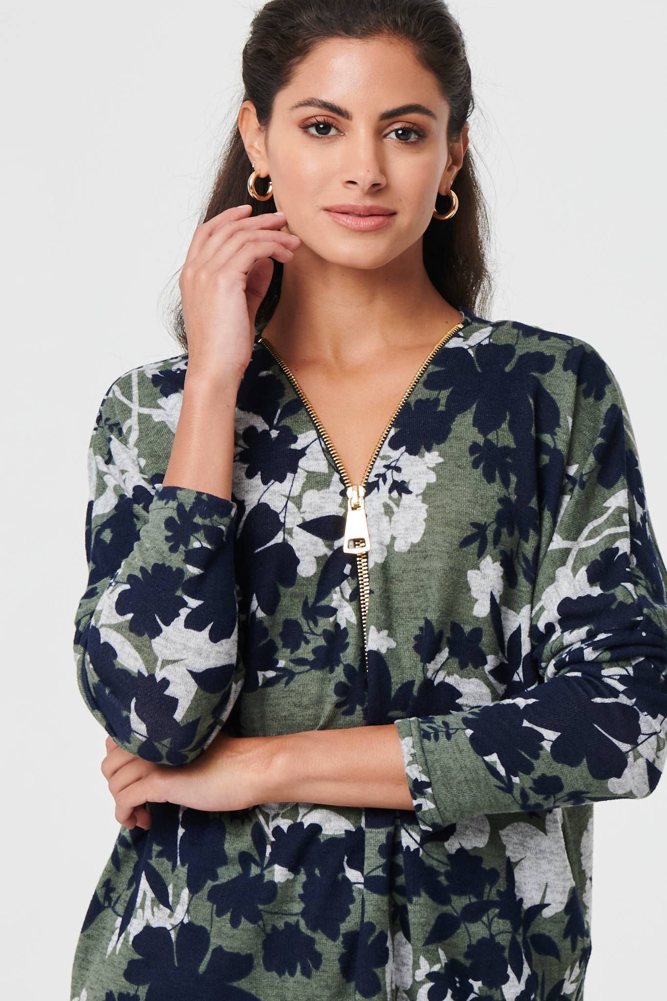 Izabel London Leaf Print Zip Front Relaxed Top