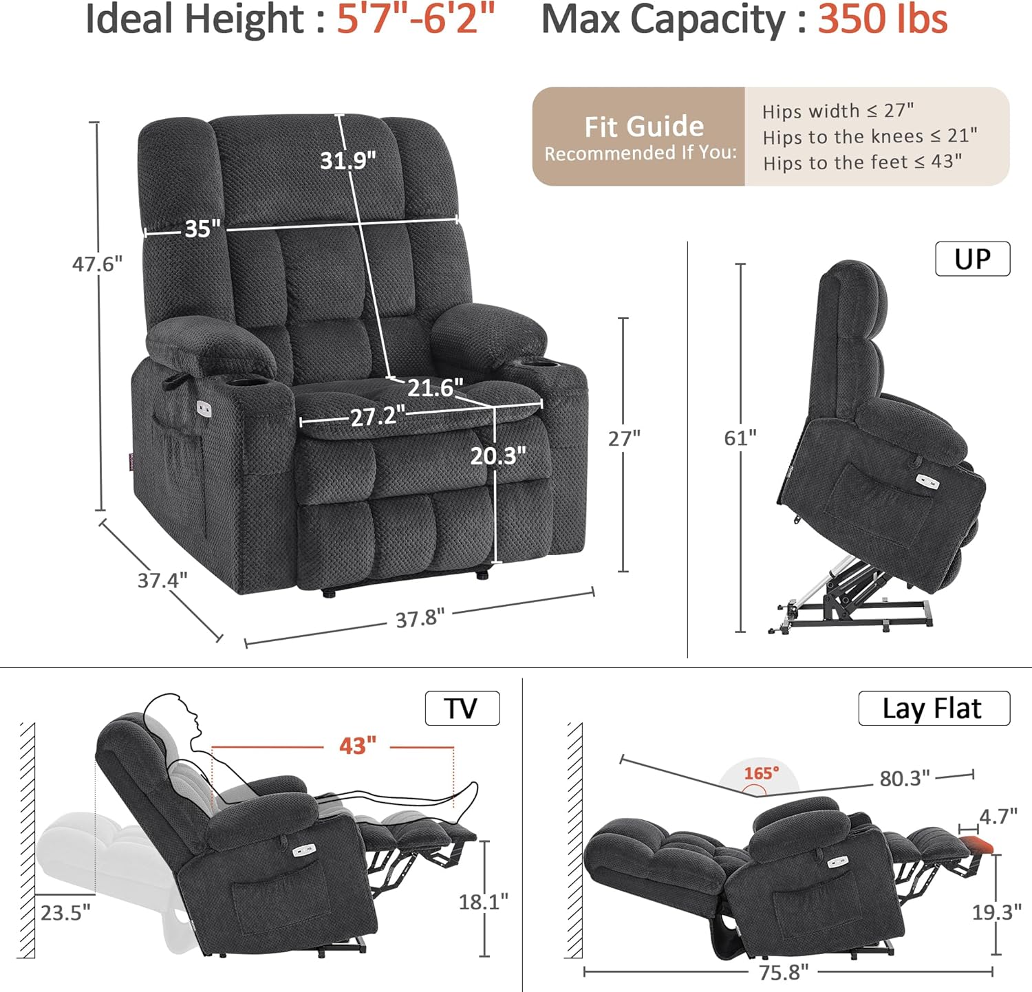 MCombo Oversized Power Lift Recliner Chair for Elderly, Dual Motor Lift Chair with Heat and Massage, Lay Flat Lift Chair for Big and Tall, Cup Holders, Fabric R7891 (Oversize, Dark Gray)
