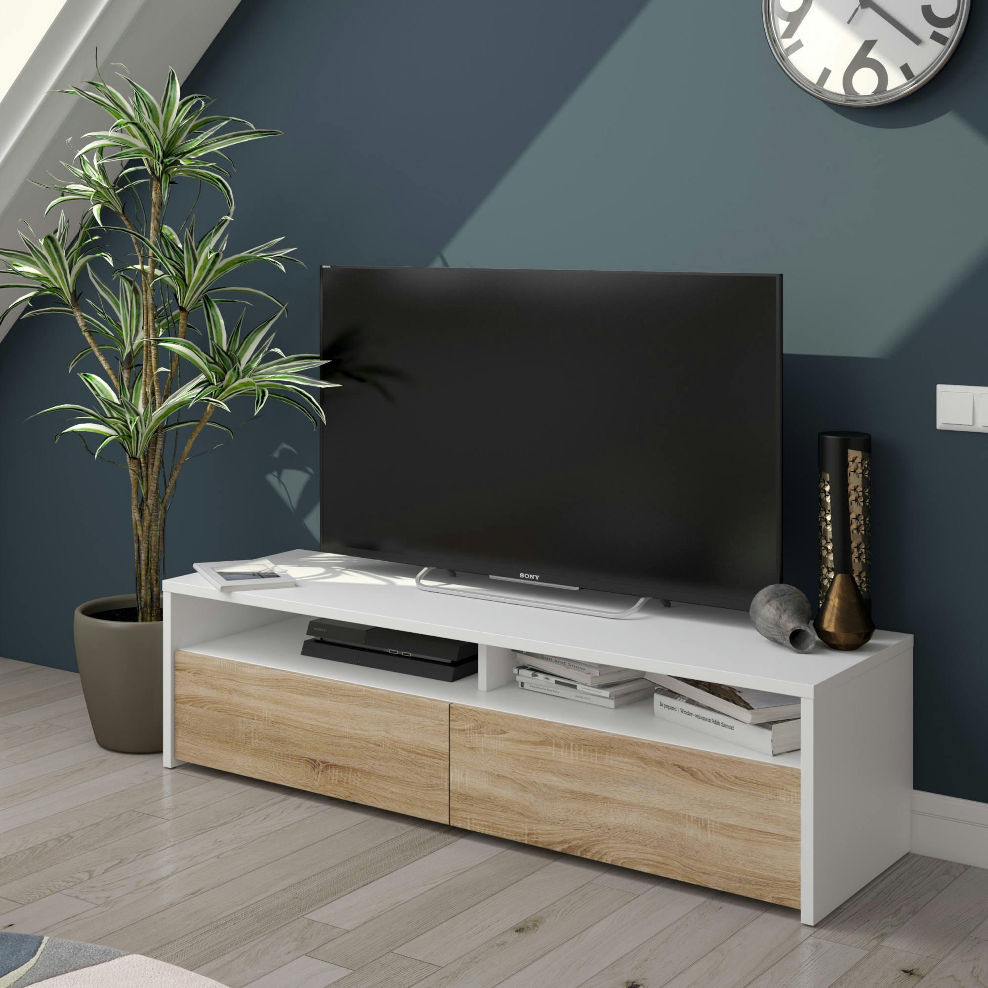 HENDERSON - Meuble TV avec 2 portes effet bois blanc brillant