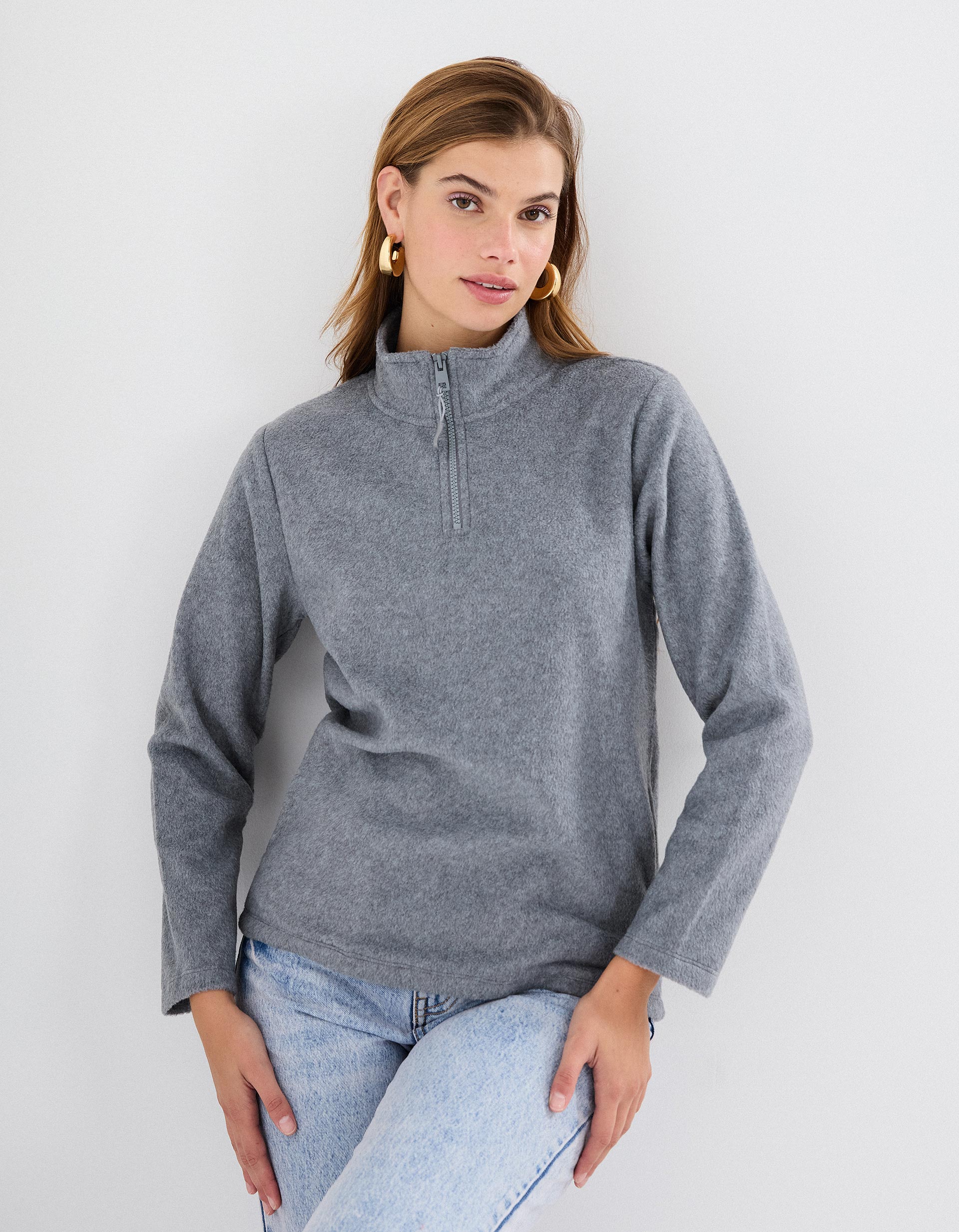 Camisola Polar com Fecho, Mulher, Cinzento