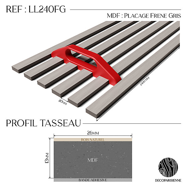 Kit tasseaux adhésif frêne gris - Gabarit de pose offert - Surface de 2,4 M2 - Panneau tasseau sur-mesure