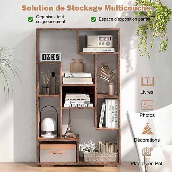 Bibliothèque Meuble de Rangement, 70 x 20 x 120 CM, 9 étagère Cube Ouverte, Kit Anti-basculement, Charge 25KG