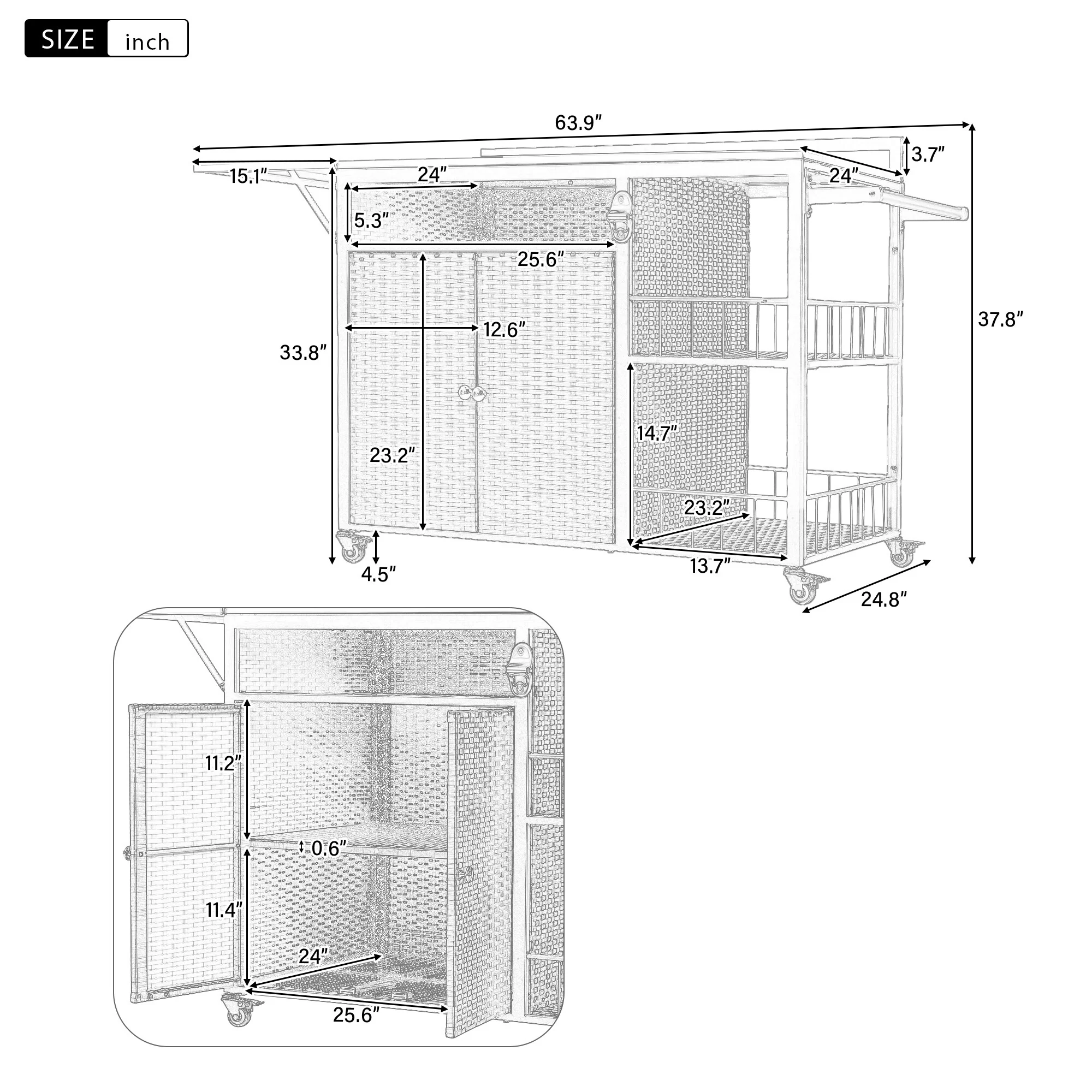 63.5 Outdoor Kitchen Island with Foldable Stainless Steel Tabletop, Outdoor Rattan Grill Cart with Open Shelves & Bottle Opener