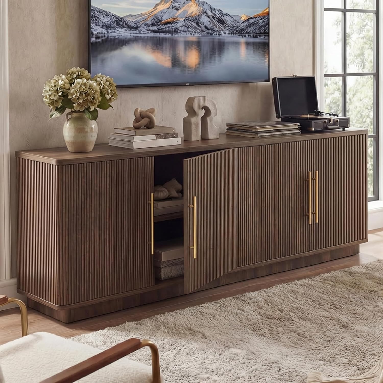 YITAHOME TV Stand for TVs up to 80 Inches, Media Console with 4 Fluted Doors, 70 Entertainment Center with Ample Storage for Living Room(Natural Oak)