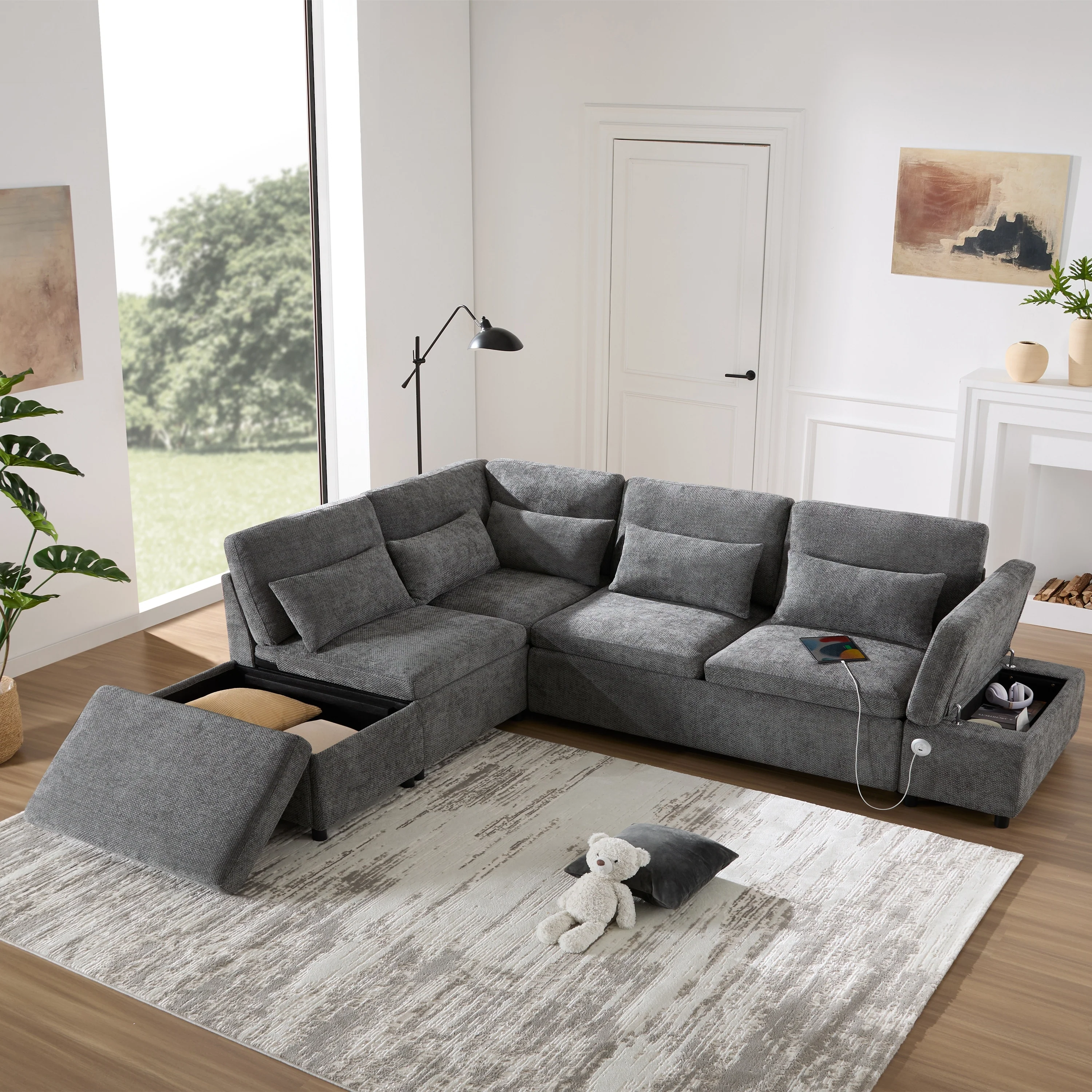 Premium Modular Sectional Pull-Out Sofa Bed with Adjustable Armrests, Movable Storage Ottoman, USB & Type-C Ports