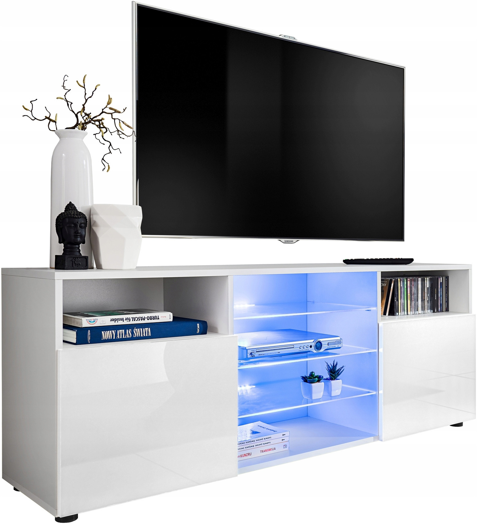 Pan Igiełka Szafka RTV LED Czarny Biały Dąb Wotan Połysk MatBlue LEDs