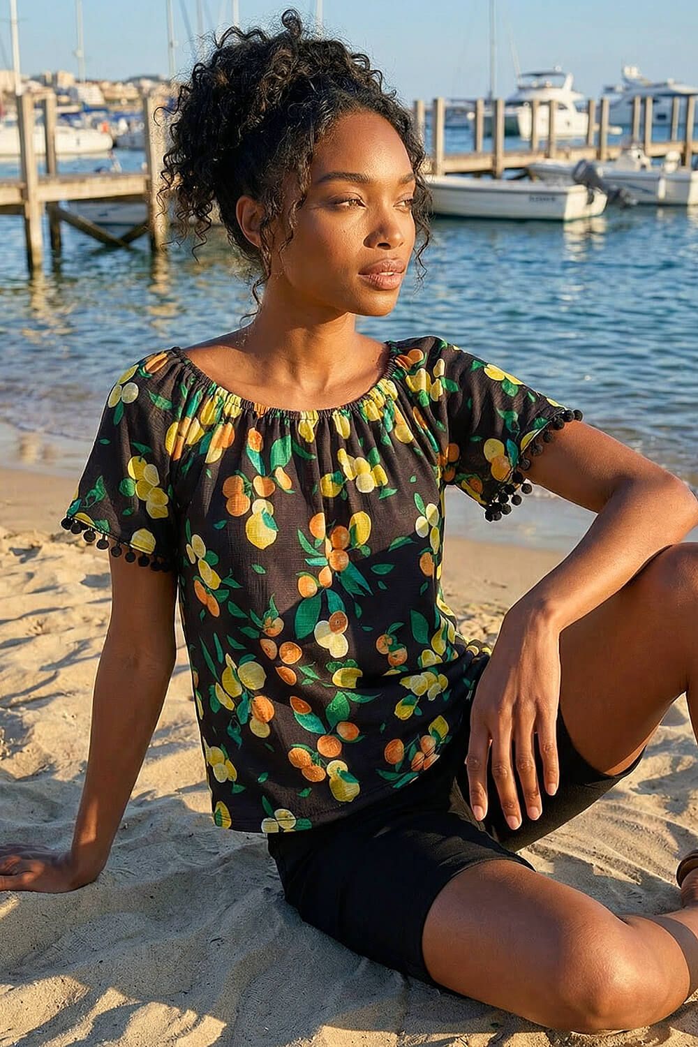 Roman Citrus Pom Pom Trim Bardot Top