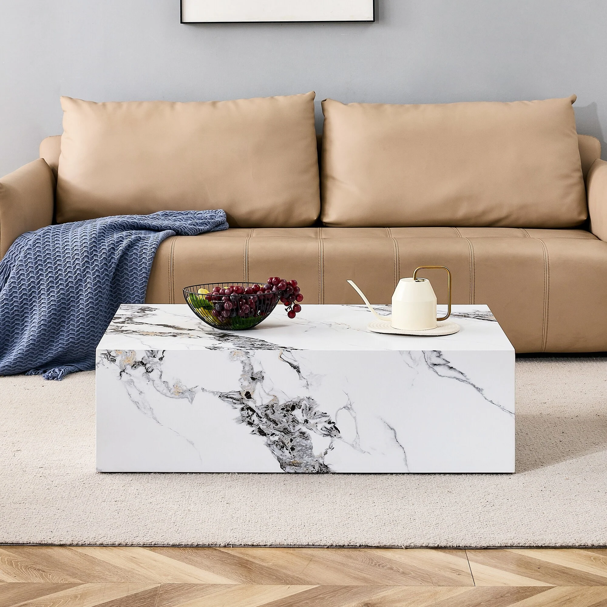White Faux Marble Coffee Table for Living Room, Rectangular Center Tables Modern Tea Table for Home Office, Wood End Table