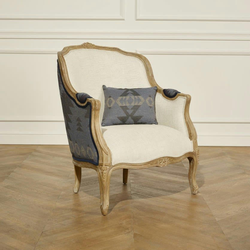 VICTOR - Fauteuil bergère en lin et dos laine imprimée