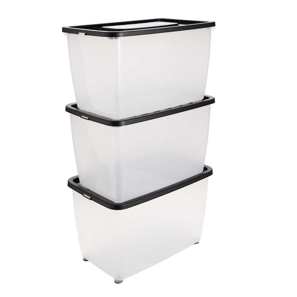 Box dessous de lit 46L x3 plastique transparent couvercle noir 56x37xH34cm